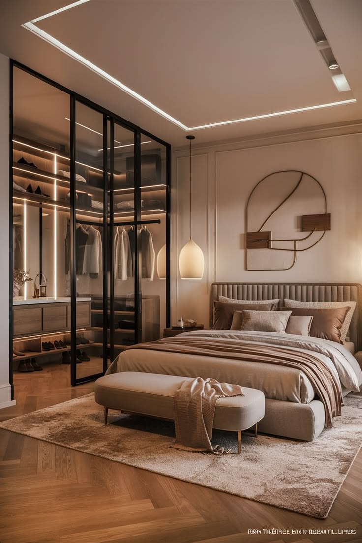 contemporary bedroom design 2026 led ceiling, neutral palette & cozy aesthetic