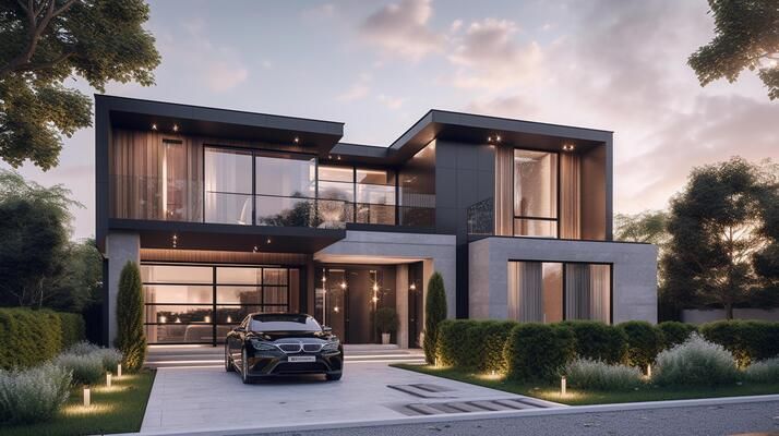 exterior of modern luxury house with garden and beautiful sky