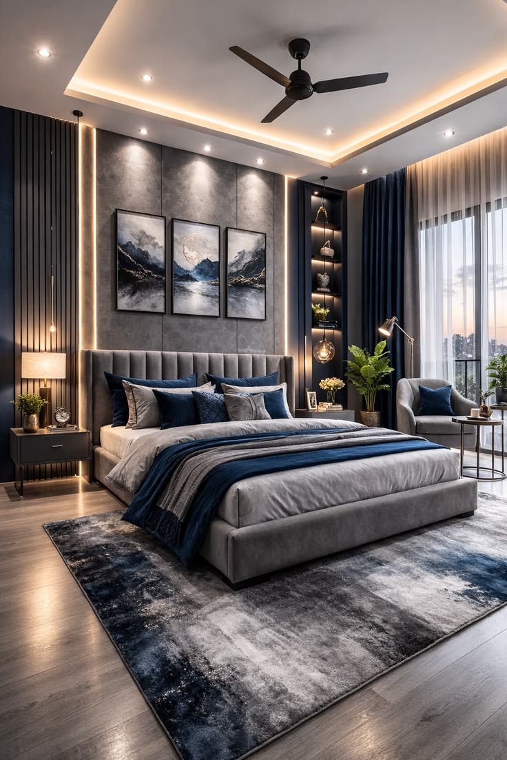 luxury blue & grey modern bedroom interior –home decor inspiration