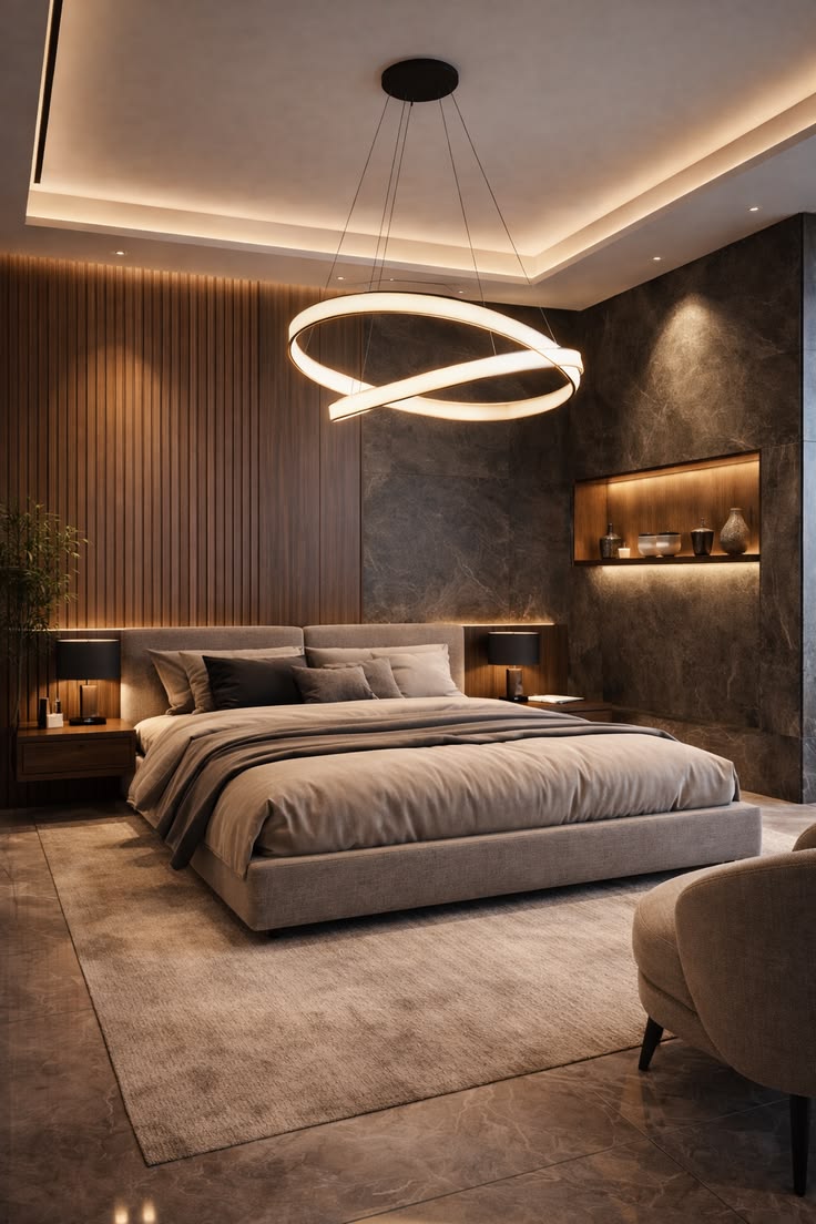 moody modern bedroom with sculptural ring chandelier